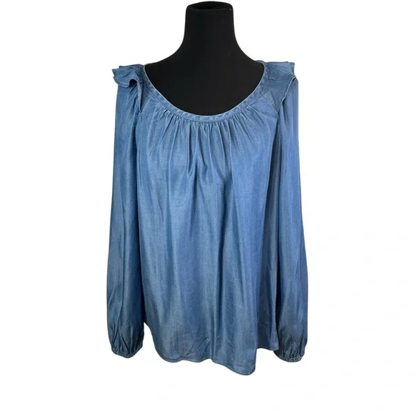 NWT Loft Outlet Chambray Lyocell Peasant Top Ruffles Flowy Soft Women's Large - Picture 3 of 11
